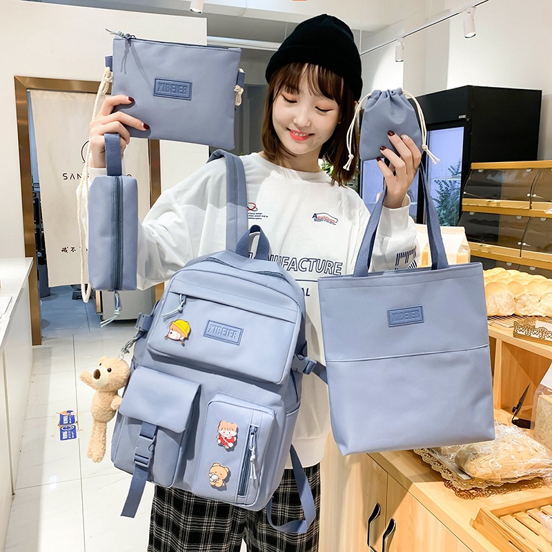 Wholesale of five-piece Korean style canvas backpacks for college students, casual large-capacity backpacks for junior and senior high school students details Picture