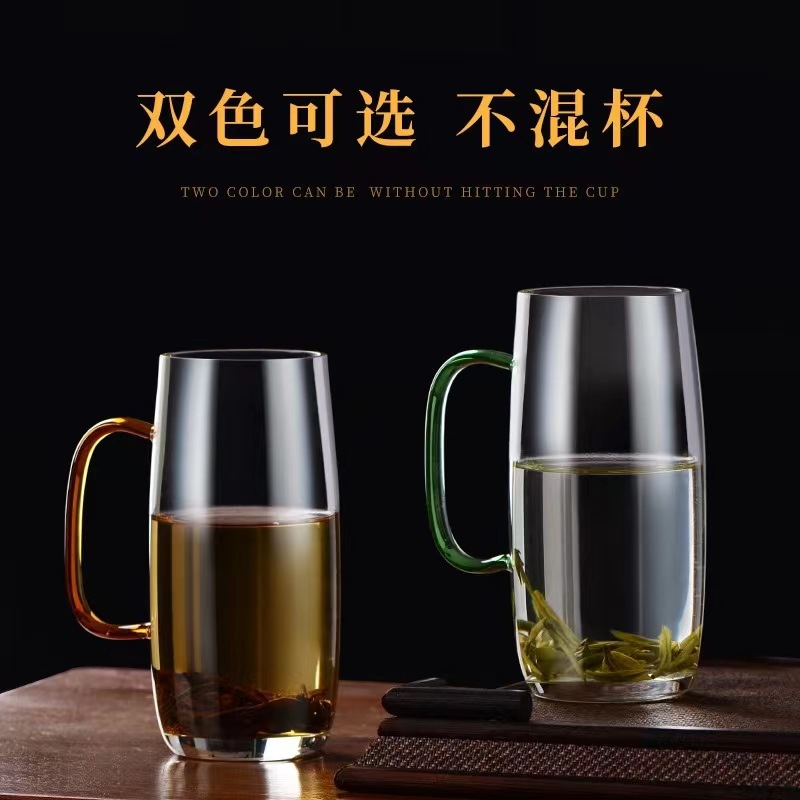 Household high borosilicate glass cups with handles, office water cups for both men and women, green tea cups, Longjing Houkui single-layer cups Specification drawing