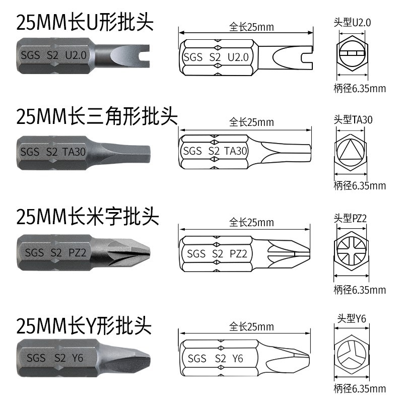 SGS 1/4 nozzle 25mm cross/flat-head/plum blossom/hexagon socket/U-shaped/Y-shaped/triangular magnetic screwdriver Specification drawing