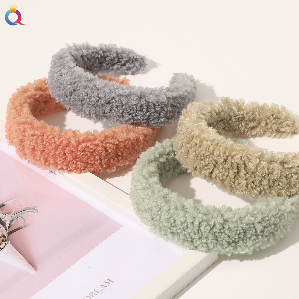 Qiyue Cross-border's new warm candy-colored autumn and winter hair band and hairpin, wide-edge lambskin hair band and hair accessory for women details Picture