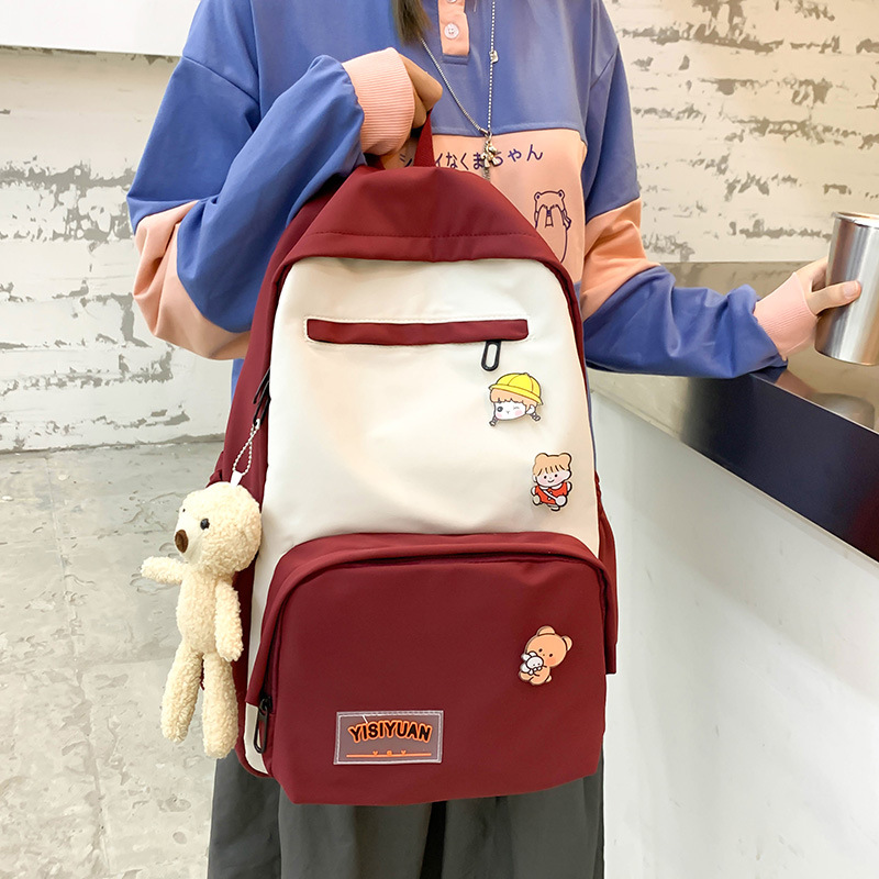 New college student schoolbag for girls, Korean style, fashionable and simple, color-blocked girls' campus backpack, large-capacity canvas backpack full figure