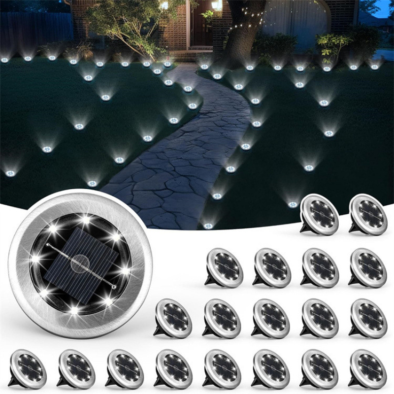 New outdoor solar 8-LED stainless steel ground lamp, courtyard lawn lamp, road and garden ground plug lamp details Picture