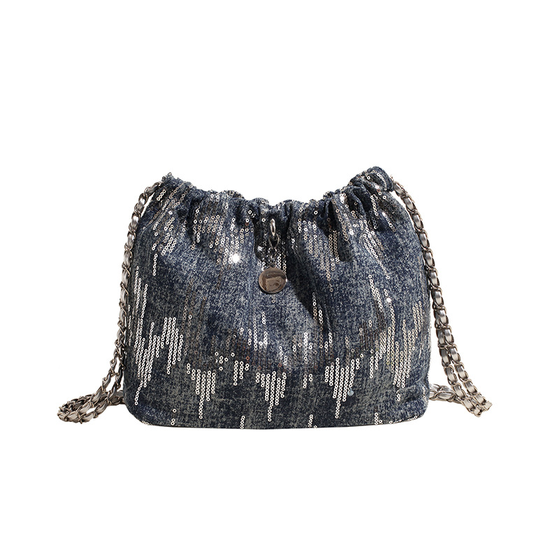 High-end and niche design bag for women, 2024 new chain single-shoulder crossbody bag, fabric bag, sequined versatile bucket bag Item Picture