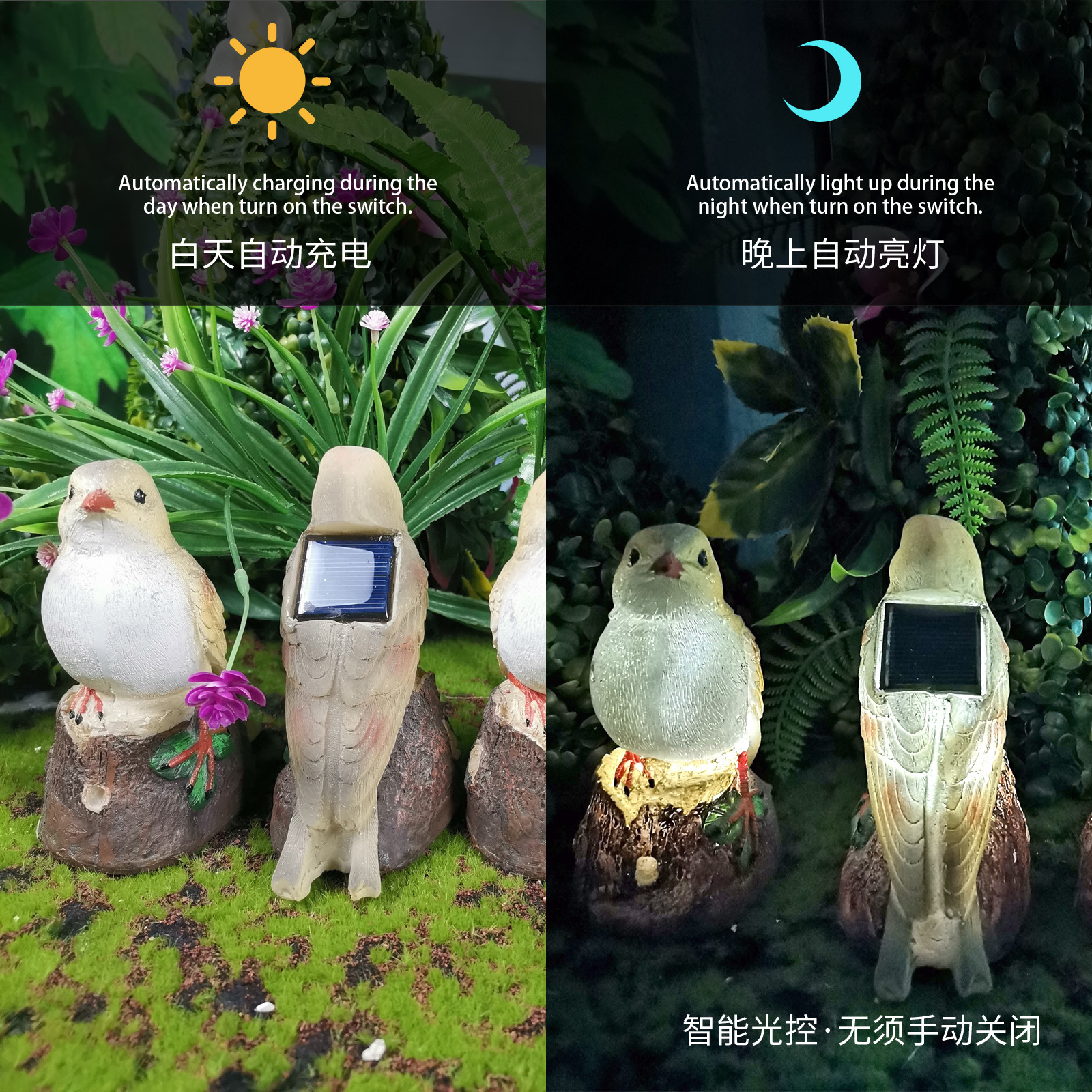 Outdoor solar Robin bird lamp, little bird resin handicraft, lawn balcony night light, gift, garden decoration Specification drawing