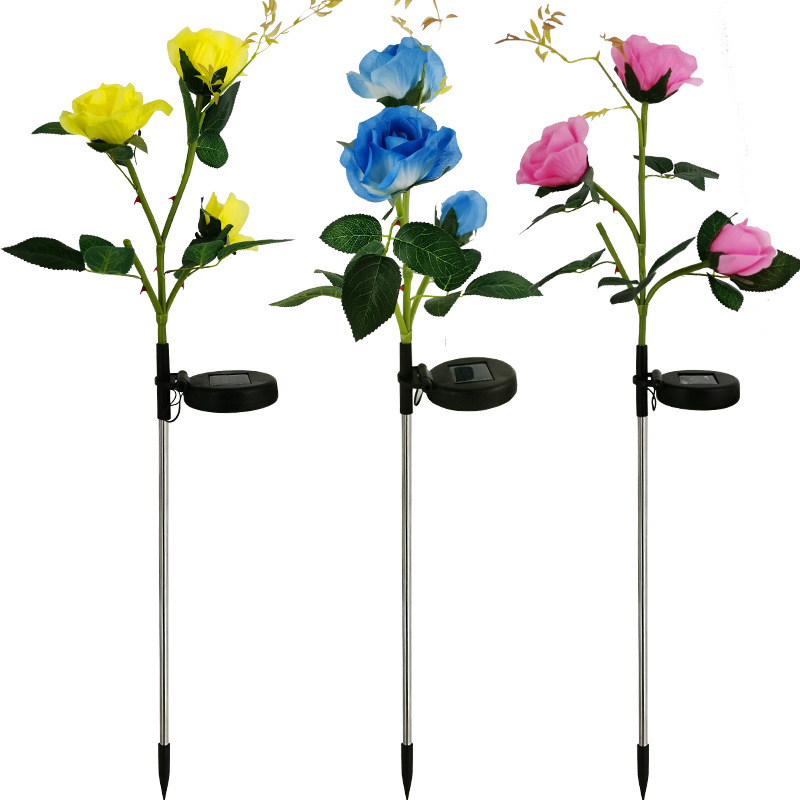 New cross-border 3-head solar-powered rose LED light outdoor lawn ground insertion garden simulation flower decorative landscape light Item Picture
