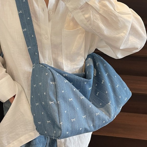Denim canvas bag design for women, retro spring and summer, single-shoulder crossbody, 2025 new style bucket bag for work and going out Specification drawing