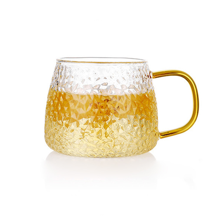 High borosilicate glass cups, hammered household water cups, men's and women's flower tea cups, transparent milk cups with handles, beverage cups, coffee cups Item Picture