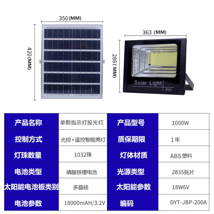 Cross-border single indicator light solar floodlight, outdoor courtyard lighting, led street lamp for street stalls, street stall floodlight Specification drawing
