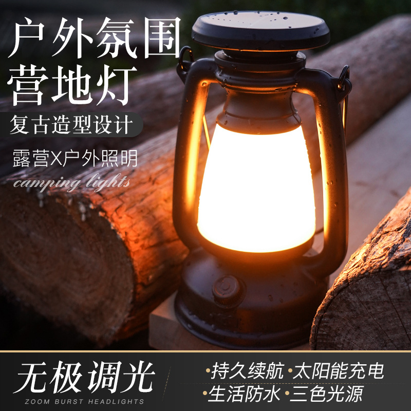 Solar-powered portable camping light, Led tent light, emergency flashlight, outdoor camping light, solar-powered retro horse Specification drawing