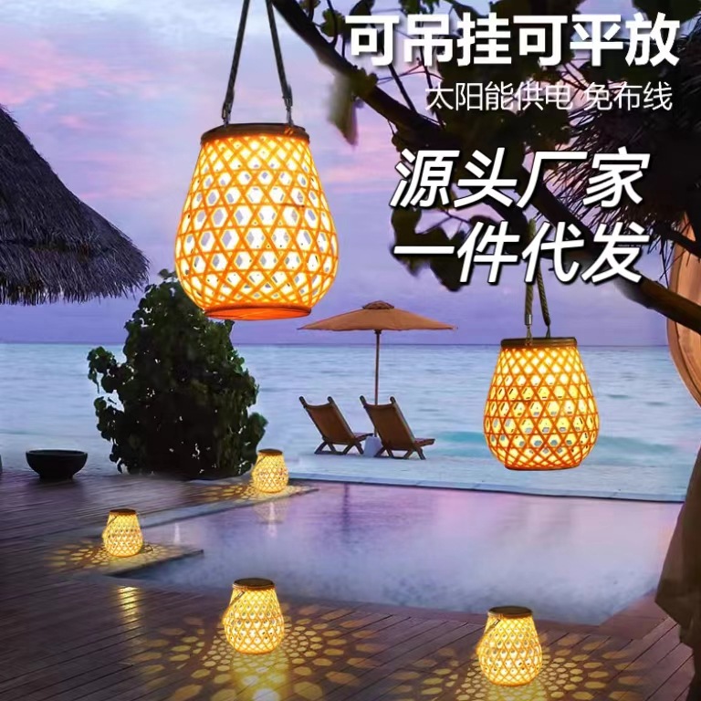 Solar-powered outdoor bamboo weaving, khaki and wooden lanterns, rattan weaving, Chinese handcrafted decorative atmosphere lanterns full figure