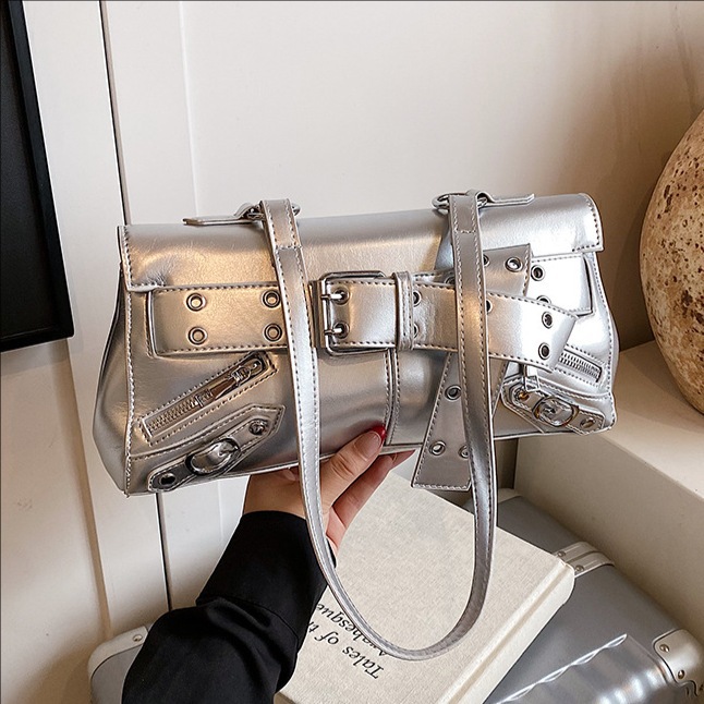 Cross-border 2025 New fashion riveted sweet and cool style motorcycle underarm bag, women's belt buckle trendy single-shoulder crossbody bag full figure