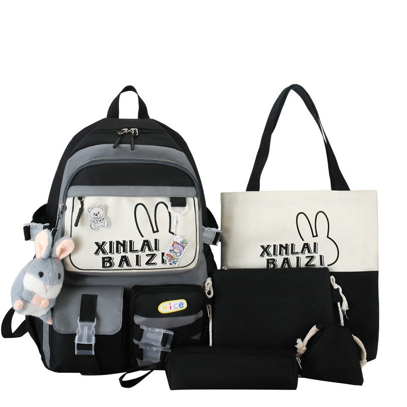 Wholesale fashionable color-blocked student schoolbags, five-piece sets, large-capacity Korean version backpacks, and women's cartoon casual backpacks from the manufacturer Item Picture