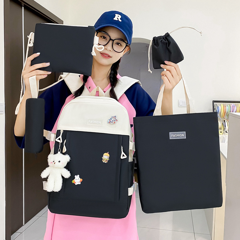 The new canvas campus backpack five-piece set is simple and versatile. It is a multi-functional casual girls' backpack for junior and senior high school students Specification drawing