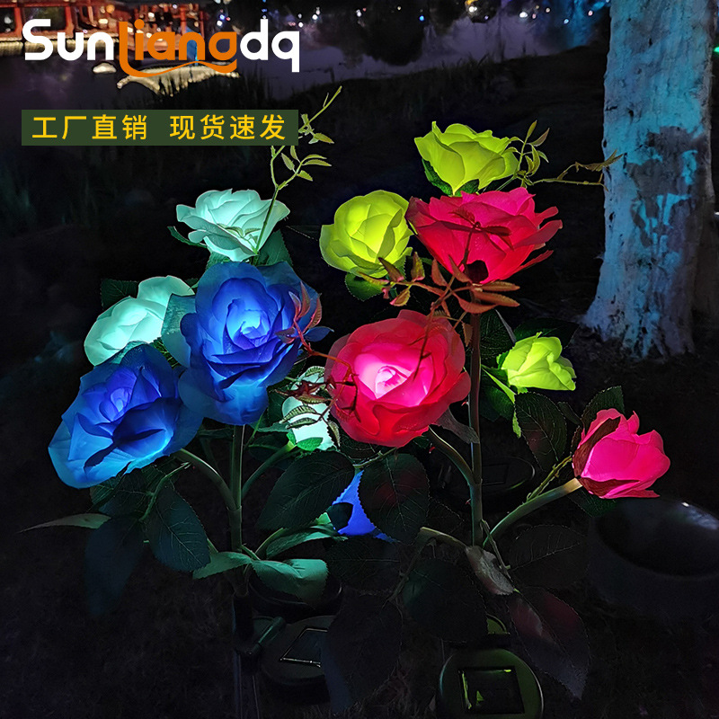 New cross-border 3-head solar-powered rose LED light outdoor lawn ground insertion garden simulation flower decorative landscape light full figure