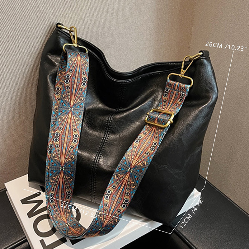 Retro-style geometric print strap Hobo bag, large-capacity crossbody bag, women's shoulder bag, crossbody bag Specification drawing