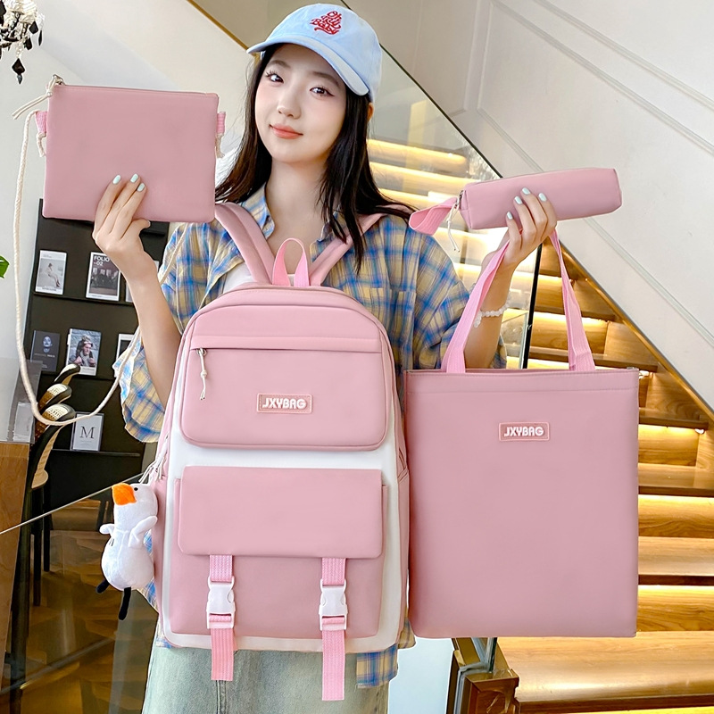 Four-piece Korean-style girls' schoolbag, simple, large-capacity, solid-color backpack for grades five and six, junior high school students, backpack for girls details Picture
