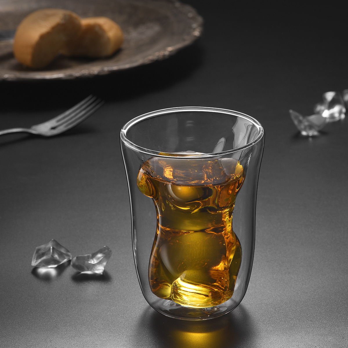 【 Customized LOGO】 Household glass water cup, glass cup, transparent double-layer glass cup, gift, creative muscle men's cup Specification drawing