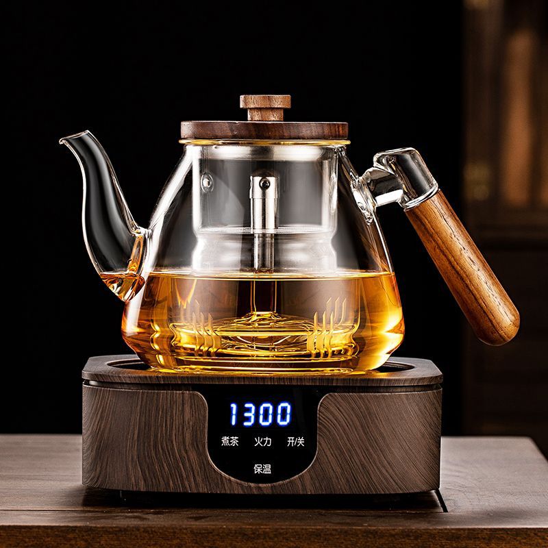 High borosilicate steaming and boiling teapot, tea stove, water boiling health pot, household wooden handle, walnut wood, glass teapot, tea boiling set full figure