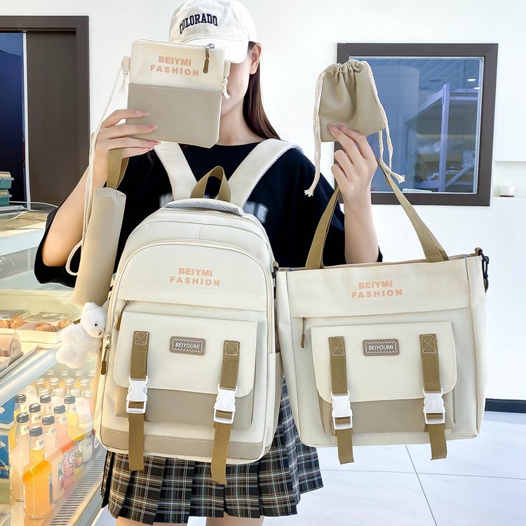 Wholesale of five-piece backpacks for high school and college students with a high level of appearance and simple color contrast in 2025 Specification drawing