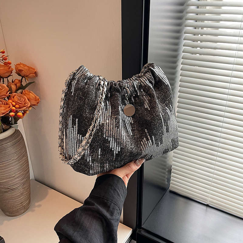 High-end and niche design bag for women, 2024 new chain single-shoulder crossbody bag, fabric bag, sequined versatile bucket bag Specification drawing