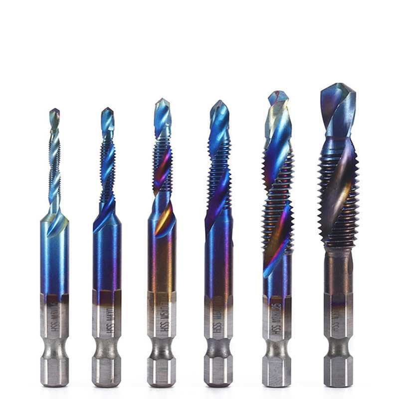 6pc high-speed steel composite tap, hexagonal handle, drill and tap integrated tap, titanium plating machine, hole opening and tapping, cross-border tapping details Picture