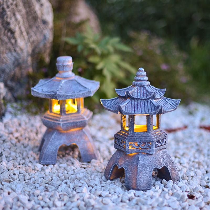 Solar resin statue lamps, Chinese Zen-style stone pagoda decorative palace lamps, garden statue lamps, courtyard resin handicrafts full figure
