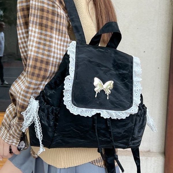 A new French lace pleated lace backpack for autumn and winter, a cute and unique butterfly drawstring backpack for young girls details Picture