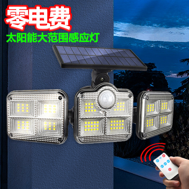 Cross-border solar outdoor garden lamps, ultra-bright human body sensor lamps, LED three-head lighting, waterproof outdoor wall lamps full figure