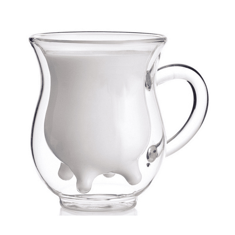 Wholesale of creative milk double-layer glass cups, heat-resistant high borosilicate mugs, handcrafted juice cups details Picture