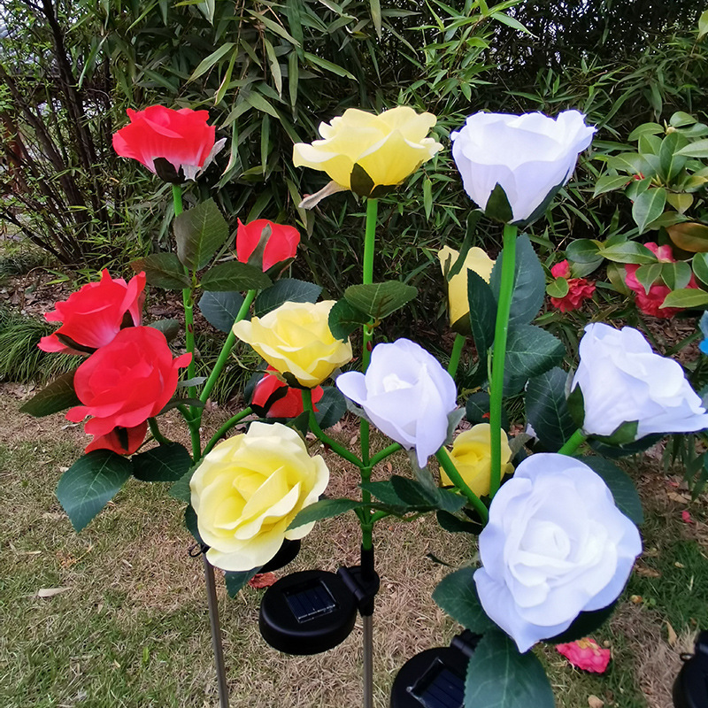New cross-border 5-head solar-powered rose LED light outdoor lawn ground insertion garden simulation flower decorative landscape light Application Scenario