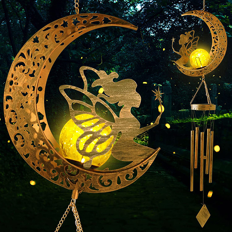 New solar garden lamp, ironwork hollowed-out sun and moon wind chime pendant, LED outdoor garden landscape decoration details Picture
