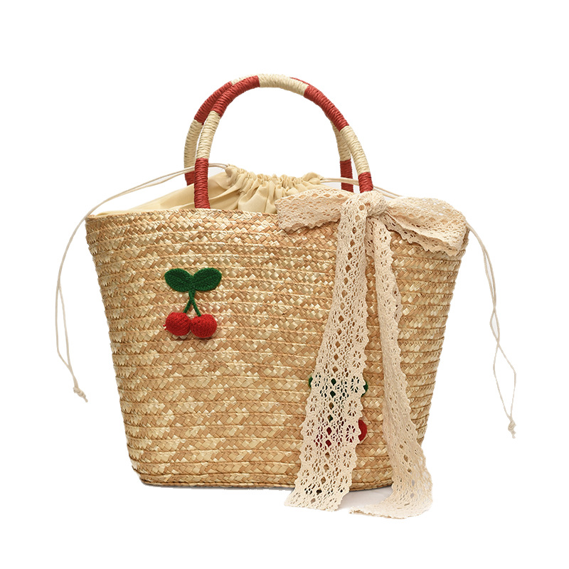 2025 New summer hand-woven beach vacation bag for women, fashionable lace bow, large capacity handbag Item Picture