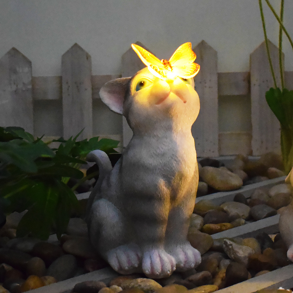 Outdoor solar-powered illuminated cat and rabbit-shaped lamps, creative resin ornaments, courtyard landscape and garden decorative lamps Specification drawing