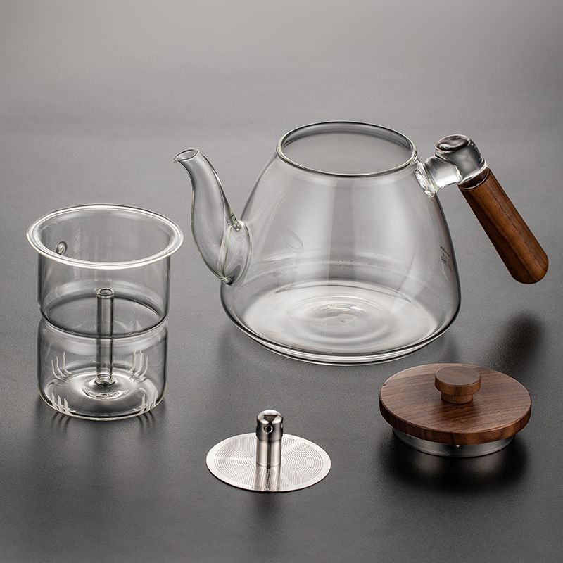 High borosilicate steaming and boiling teapot, tea stove, water boiling health pot, household wooden handle, walnut wood, glass teapot, tea boiling set Specification drawing