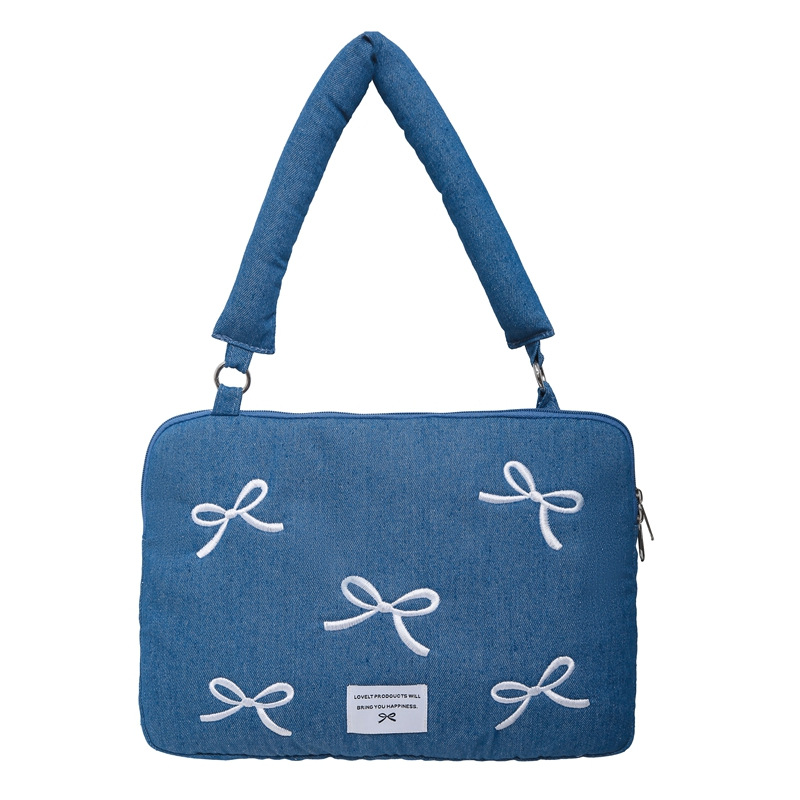 Korean ins washed denim embroidered single-shoulder laptop bag, 14-inch notebook bag Item Picture