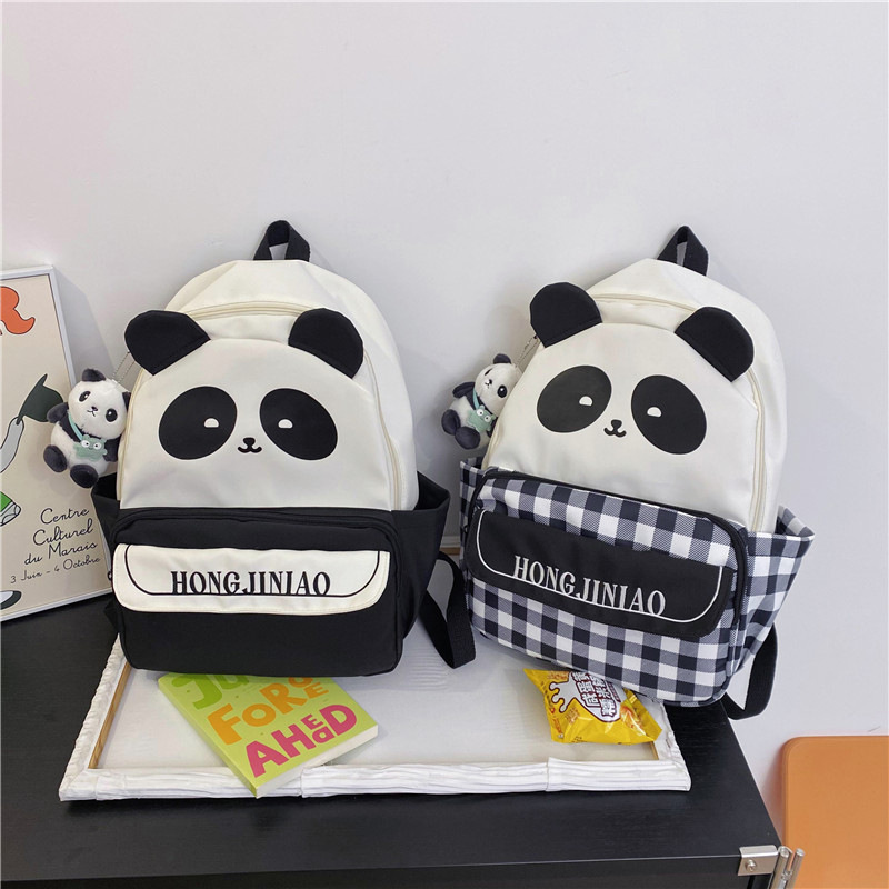 New checkered versatile casual girl backpack, cute cartoon panda schoolbag, girls' primary and junior high school students' backpack Specification drawing
