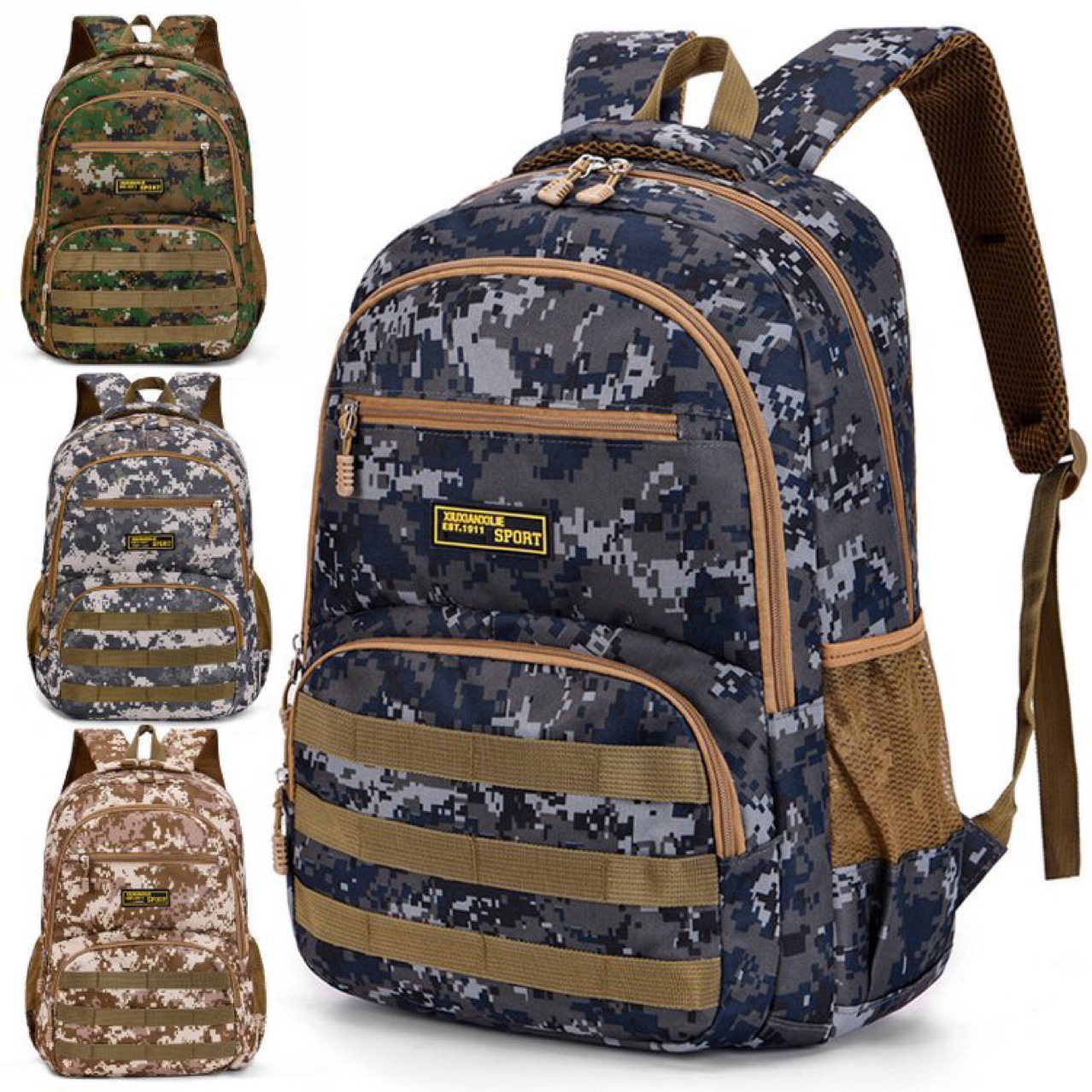 Men's backpack, large-capacity outdoor sports travel backpack, camping camouflage tactical bag, male and female student schoolbag full figure