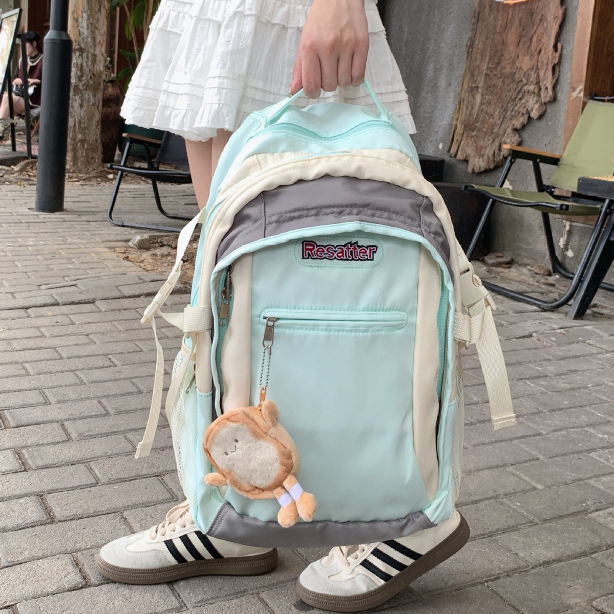 Japanese-style Harajuku mint green schoolbag for girls' high school students, large-capacity color-blocking fresh backpack, casual student backpack details Picture