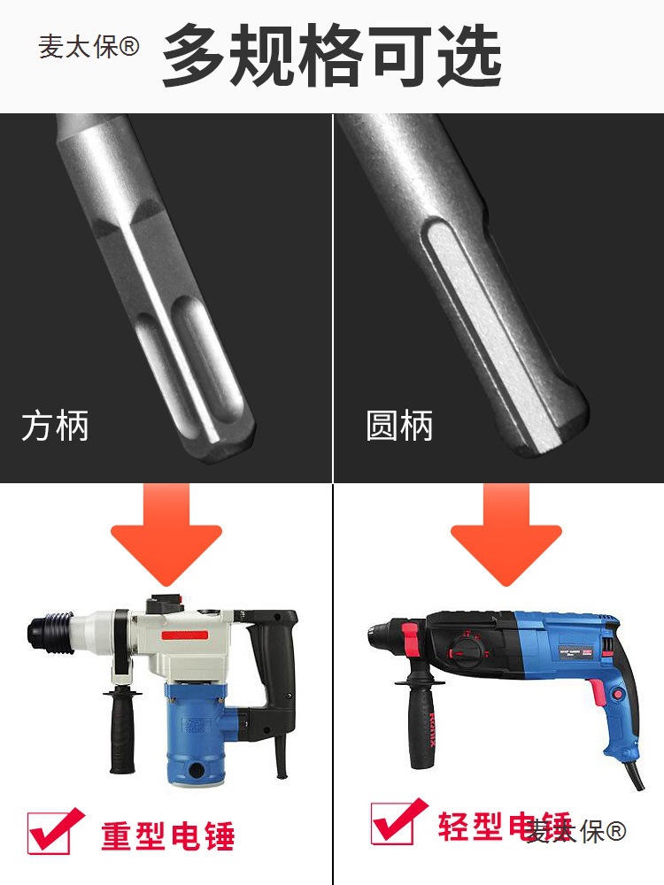 Extended impact electric hammer drill bit, tungsten steel alloy round handle, two-pit and two-groove hole puncher, wall-penetrating concrete square Mattebao Specification drawing