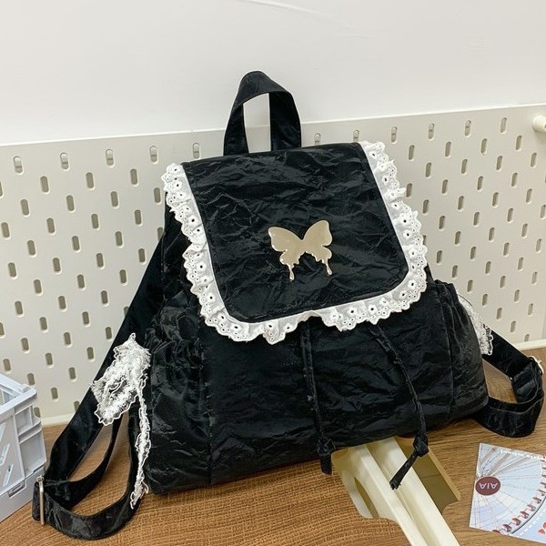 A new French lace pleated lace backpack for autumn and winter, a cute and unique butterfly drawstring backpack for young girls Application Scenario