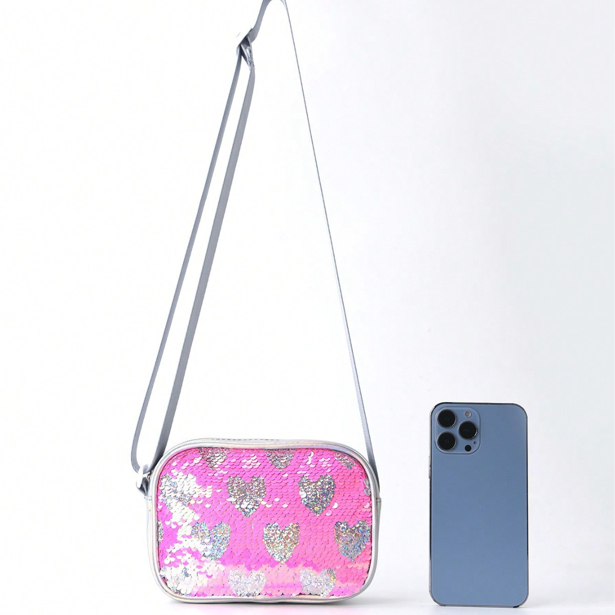 Fashionable PU small square bag, Korean style trendy sequined women's bag, casual crossbody bag, cartoon heart single-shoulder small bag for women details Picture