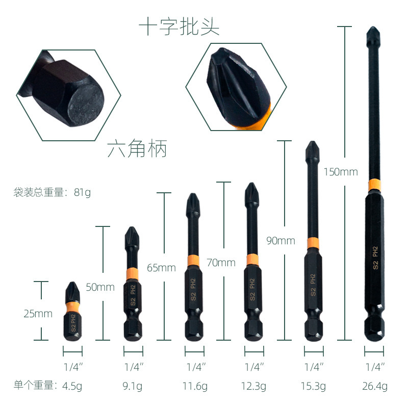 Black impact screwdriver with cross-head, phosphated black strong magnetic PH2, single-head screwdriver head, screwdriver bit details Picture
