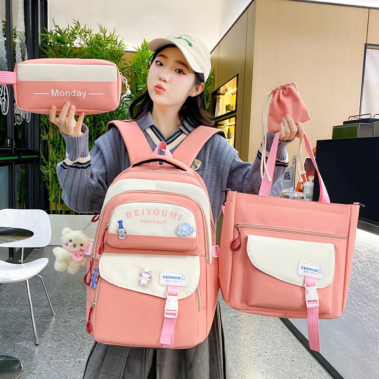 Four-piece Korean-style Instagram schoolbag for girls, a cute and fresh backpack with contrasting colors, large capacity and spliced for junior high school students Specification drawing