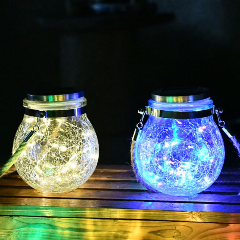 Solar crack bottle lamp, Mason bottle, villa courtyard garden decoration, yard balcony hanging tree, wish lantern, night light details Picture