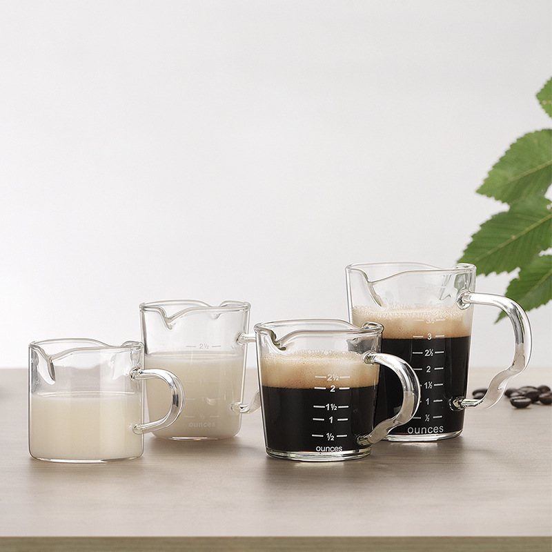 【 Customized LOGO】 Transparent glass small milk cup with scale, cross-border coffee measuring cup, double-spout milk cup details Picture