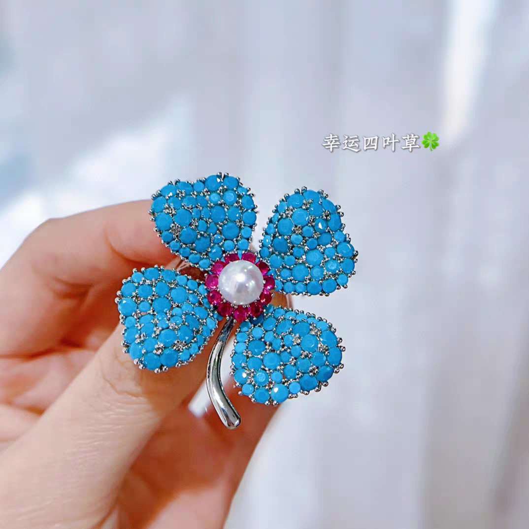 新款轻奢锆石幸运草淡水珍珠胸针女高档奢华