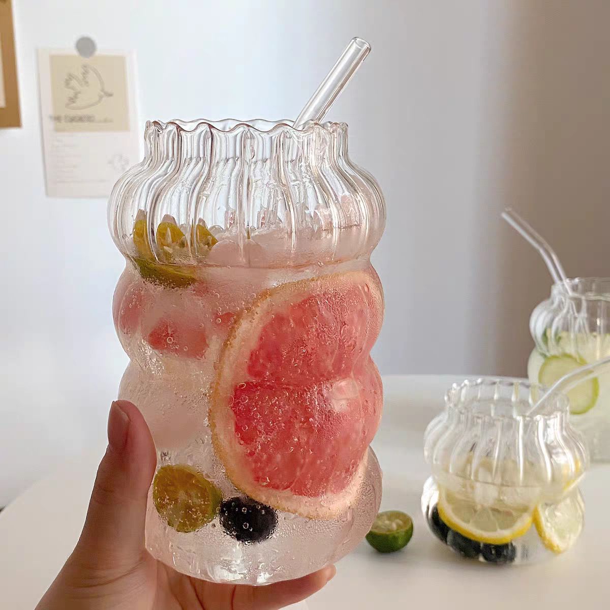 Household large-capacity fruit tea cold drink cups, chubby transparent glass cups, high-appearance-level milk tea cups, large-bellied water cups details Picture