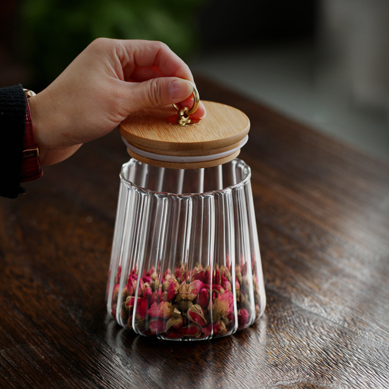 Household petal-patterned glass sealed seasoning storage jars, tea jars, glass bottles for grains and cereals, tea storage jars Specification drawing