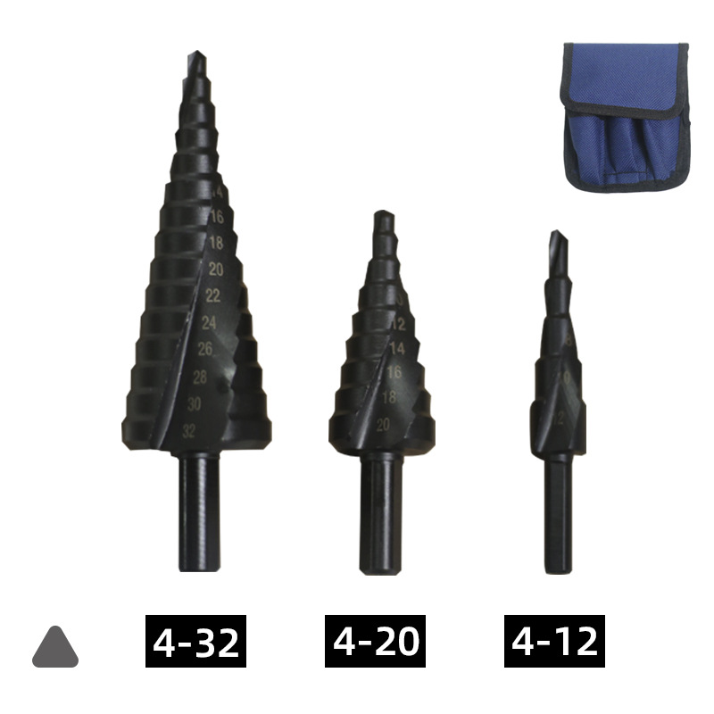 Yunbei hexagonal handle straight groove pagoda drill, triangular handle spiral step drill, iron and aluminum plate wood and plastic hole opening and reaming drill Specification drawing