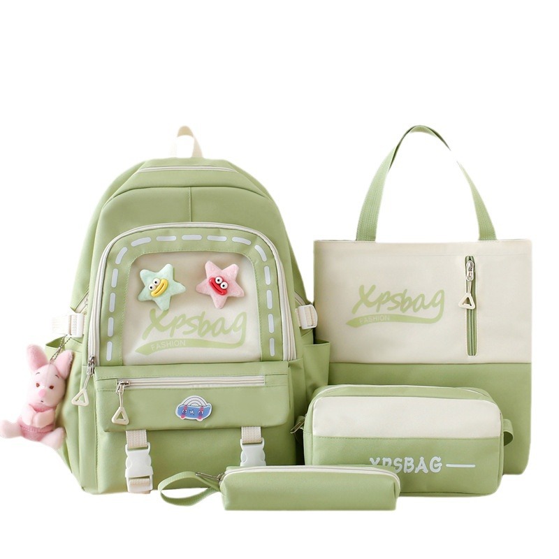 A fresh, sweet and cute four-piece backpack for girls, a schoolbag for primary school students, a Japanese-style versatile canvas backpack with large capacity Item Picture